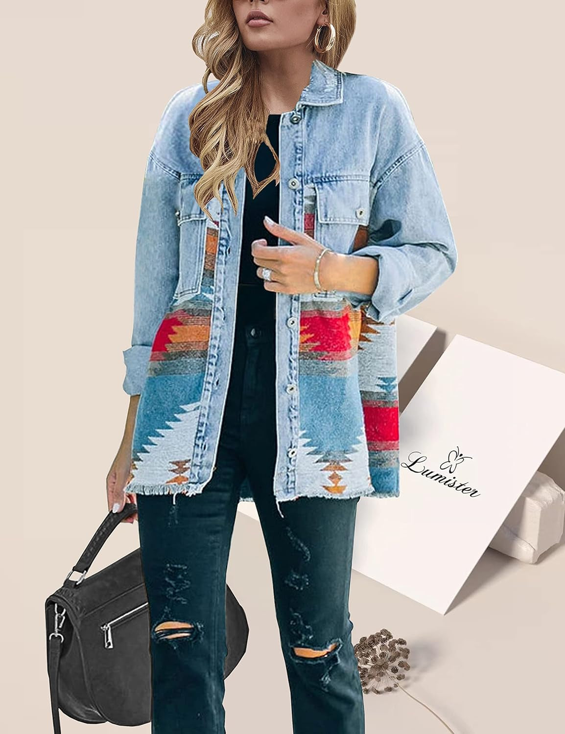 Aztec Denim Jacket Distressed Lapel Long Sleeve Vintage Button down Denim Jacket Shacket - Women's Modern Denim Jacket