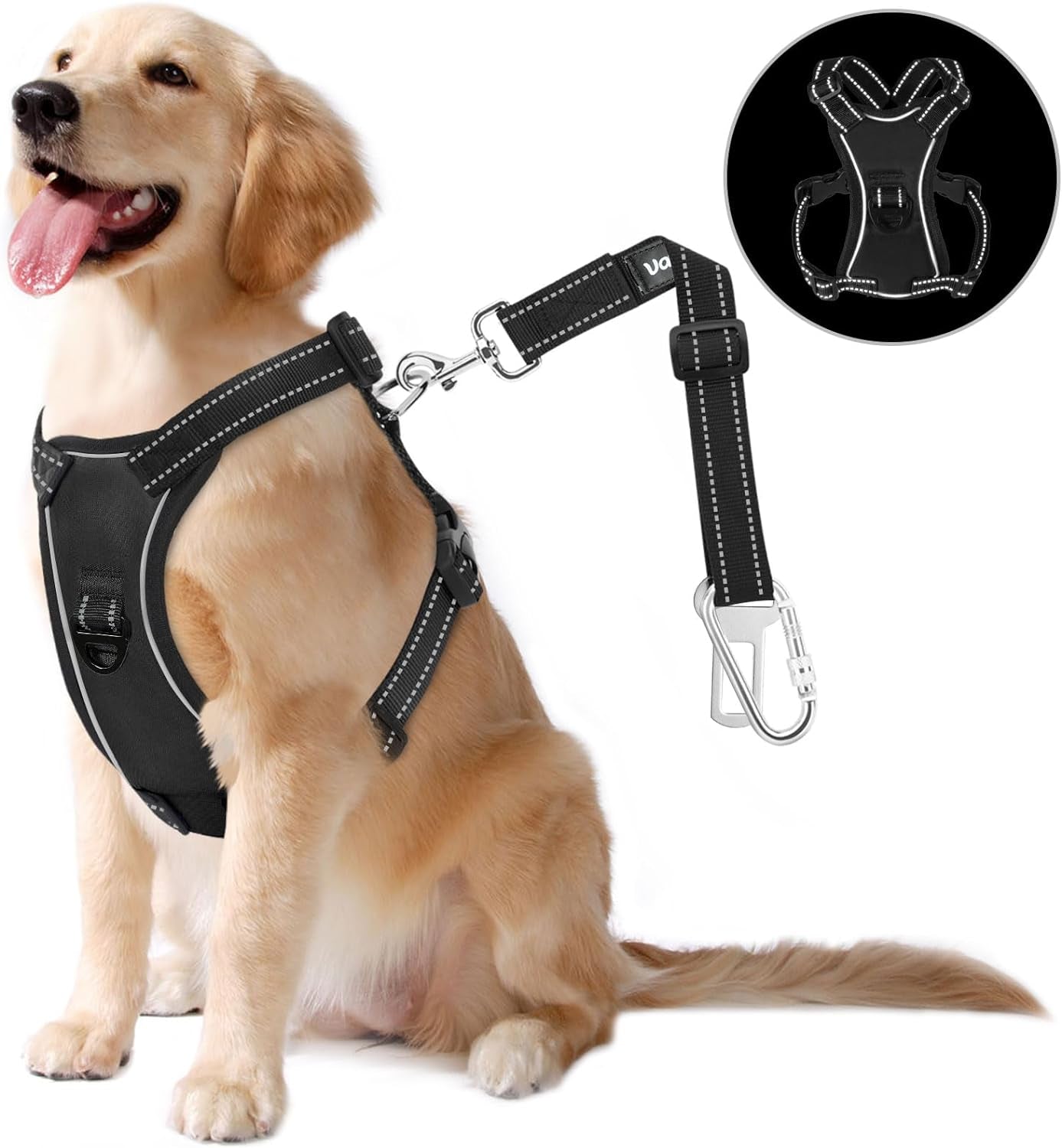 Dog Vehicle Safety Vest Harness - Adjustable Soft Padded Mesh - Modern Car Seat Belt Leash Harness with Travel Strap 