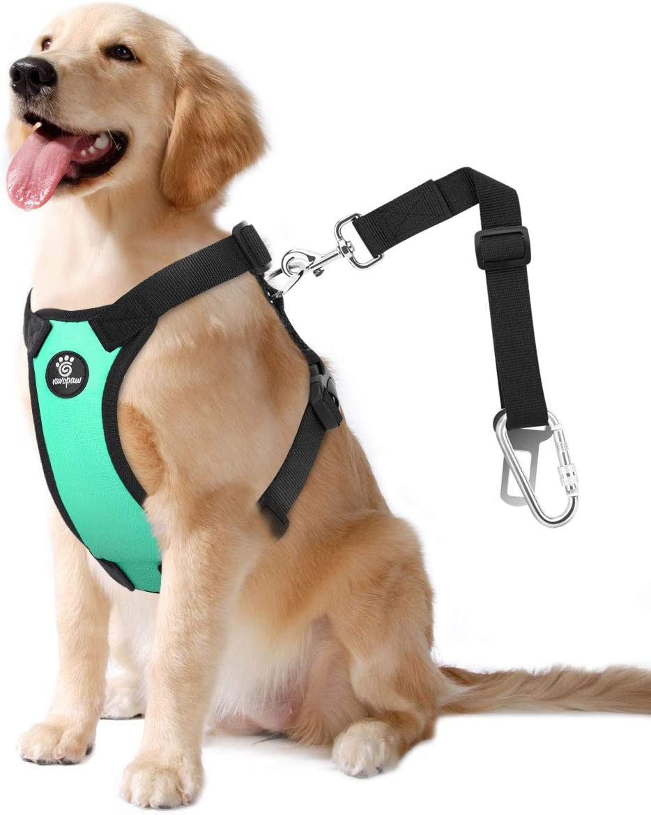 Dog Vehicle Safety Vest Harness - Adjustable Soft Padded Mesh - Modern Car Seat Belt Leash Harness with Travel Strap 