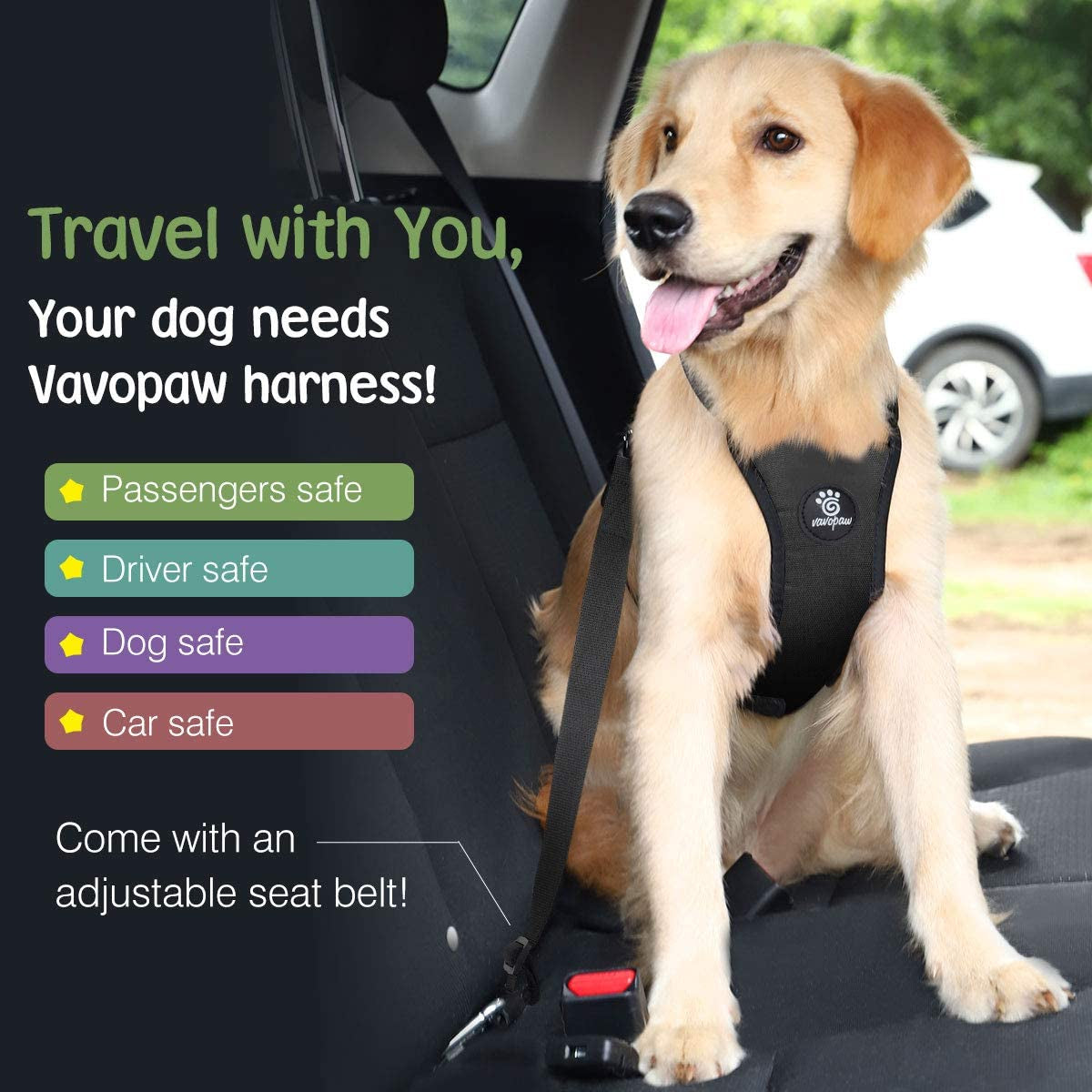 Dog Vehicle Safety Vest Harness - Adjustable Soft Padded Mesh - Modern Car Seat Belt Leash Harness with Travel Strap 