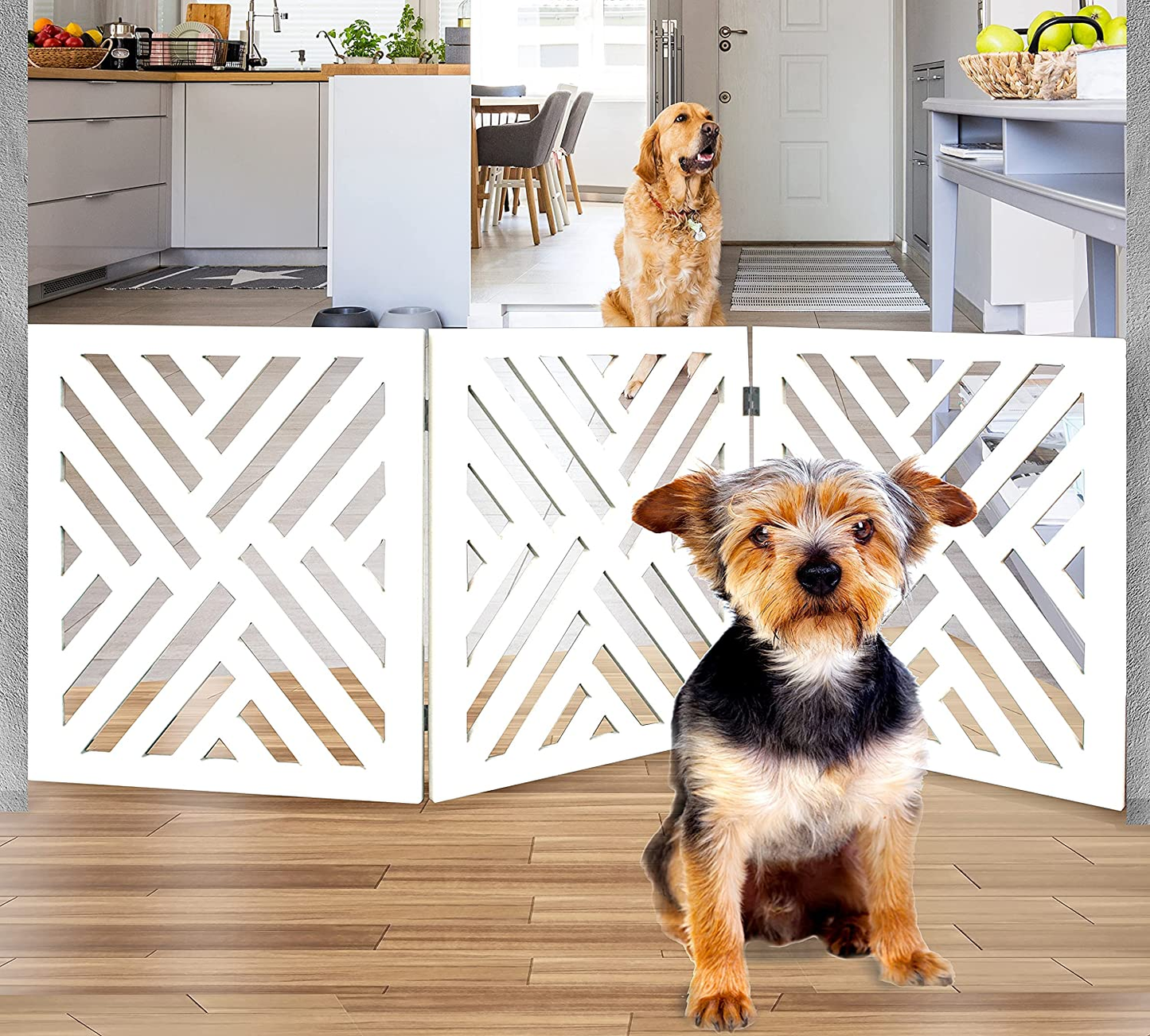 Freestanding Dog Gate Expandable Decorative Wooden Fence for Small to Medium Pet Dogs, Barrier for Stairs, Doorways, & Hallways (Lattice - White)