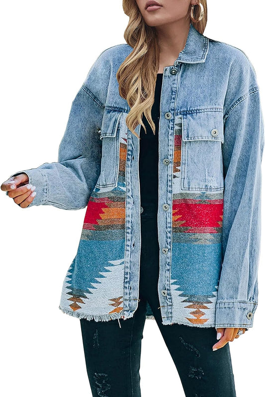 Aztec Denim Jacket Distressed Lapel Long Sleeve Vintage Button down Denim Jacket Shacket - Women's Modern Denim Jacket