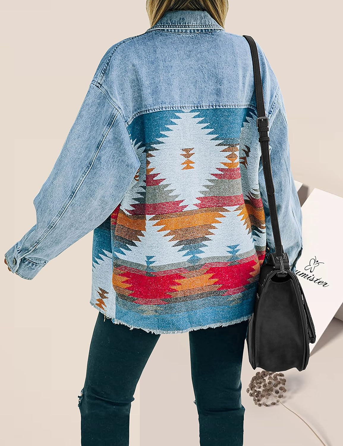 Aztec Denim Jacket Distressed Lapel Long Sleeve Vintage Button down Denim Jacket Shacket - Women's Modern Denim Jacket