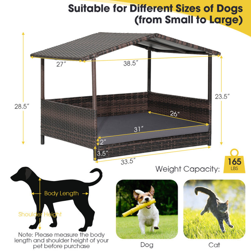 Wicker Dog House for Outdoor Use with Weatherproof Roof