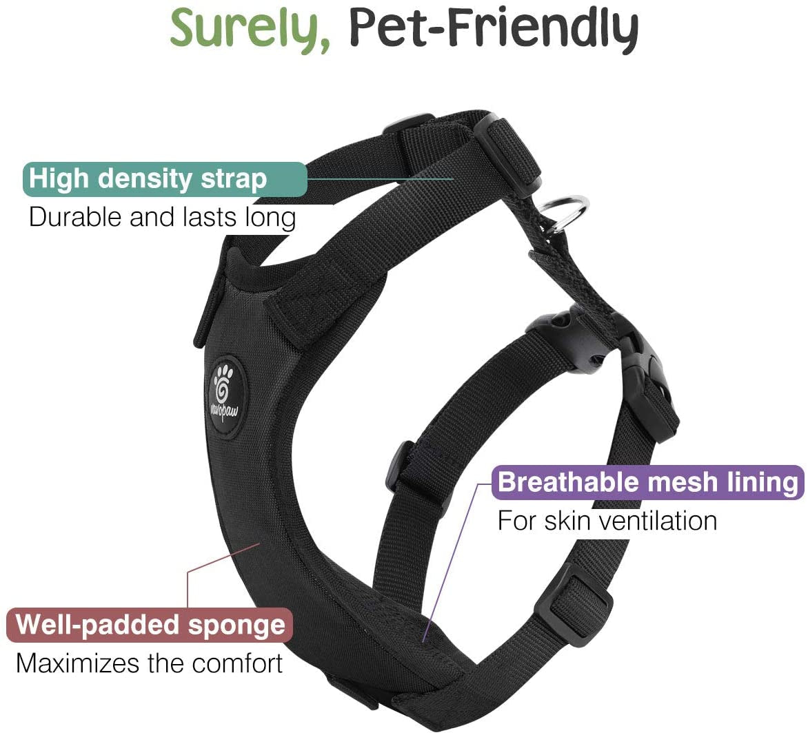 Dog Vehicle Safety Vest Harness - Adjustable Soft Padded Mesh - Modern Car Seat Belt Leash Harness with Travel Strap 