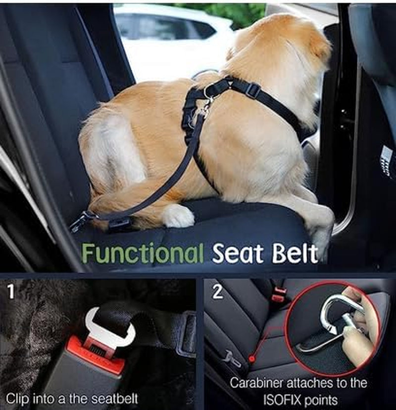 Dog Vehicle Safety Vest Harness - Adjustable Soft Padded Mesh - Modern Car Seat Belt Leash Harness with Travel Strap 