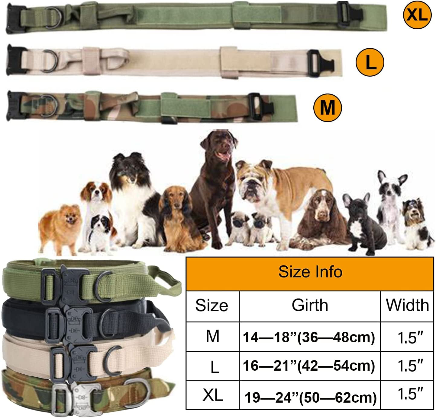 Tactical Dog Collar and Leash Set with Handle Bungee Leash Adjustable Military Training Nylon Collar Dog Training Collar Leash Set with Control Handle and Metal Buckle (M, Khaki-Set)