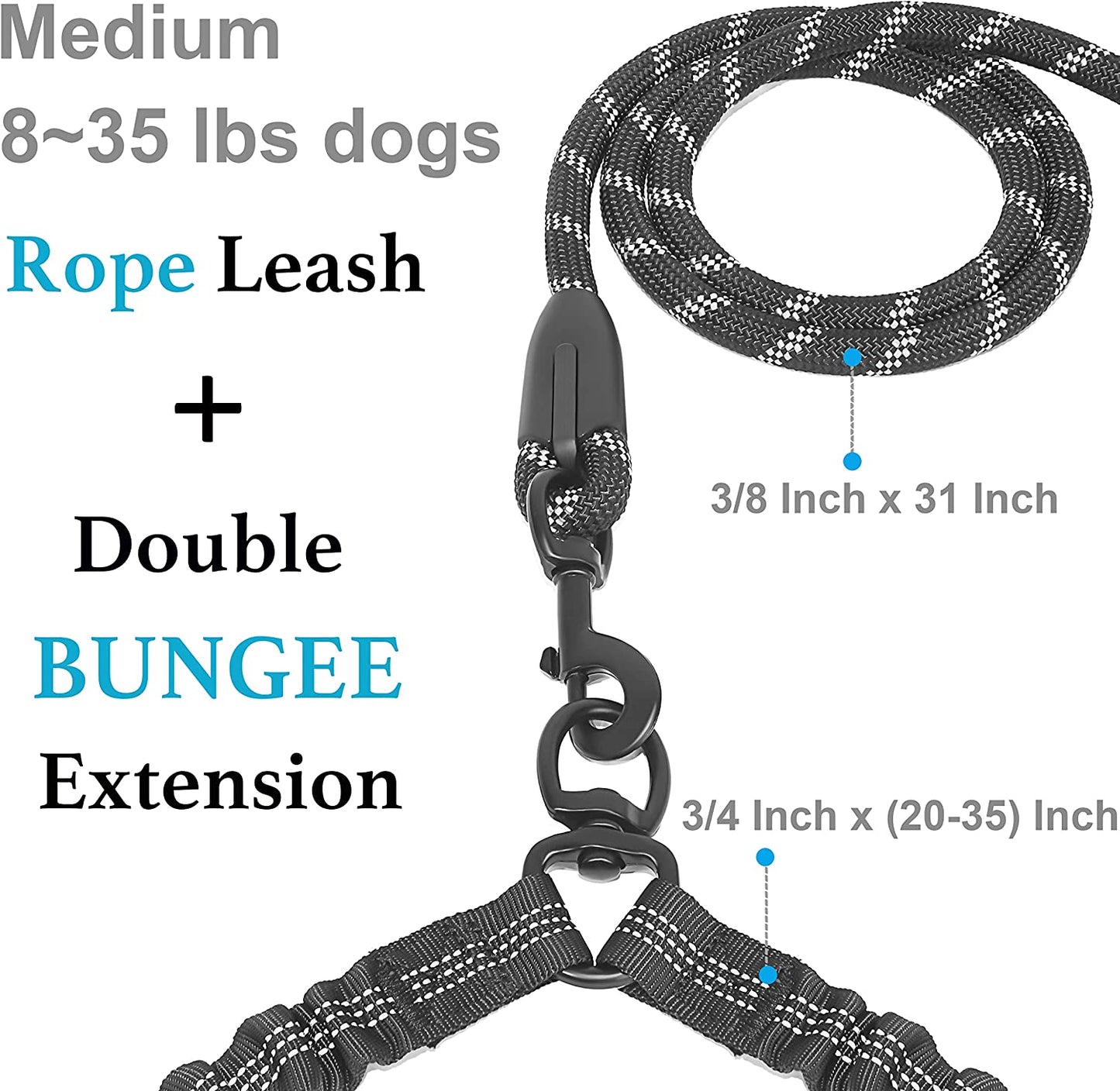 Dual Dog Leash, 360 Swivel No Tangle Walking Leash, Shock Absorbing Bungee for Two Dogs, Black, Medium (8-35 Lbs)