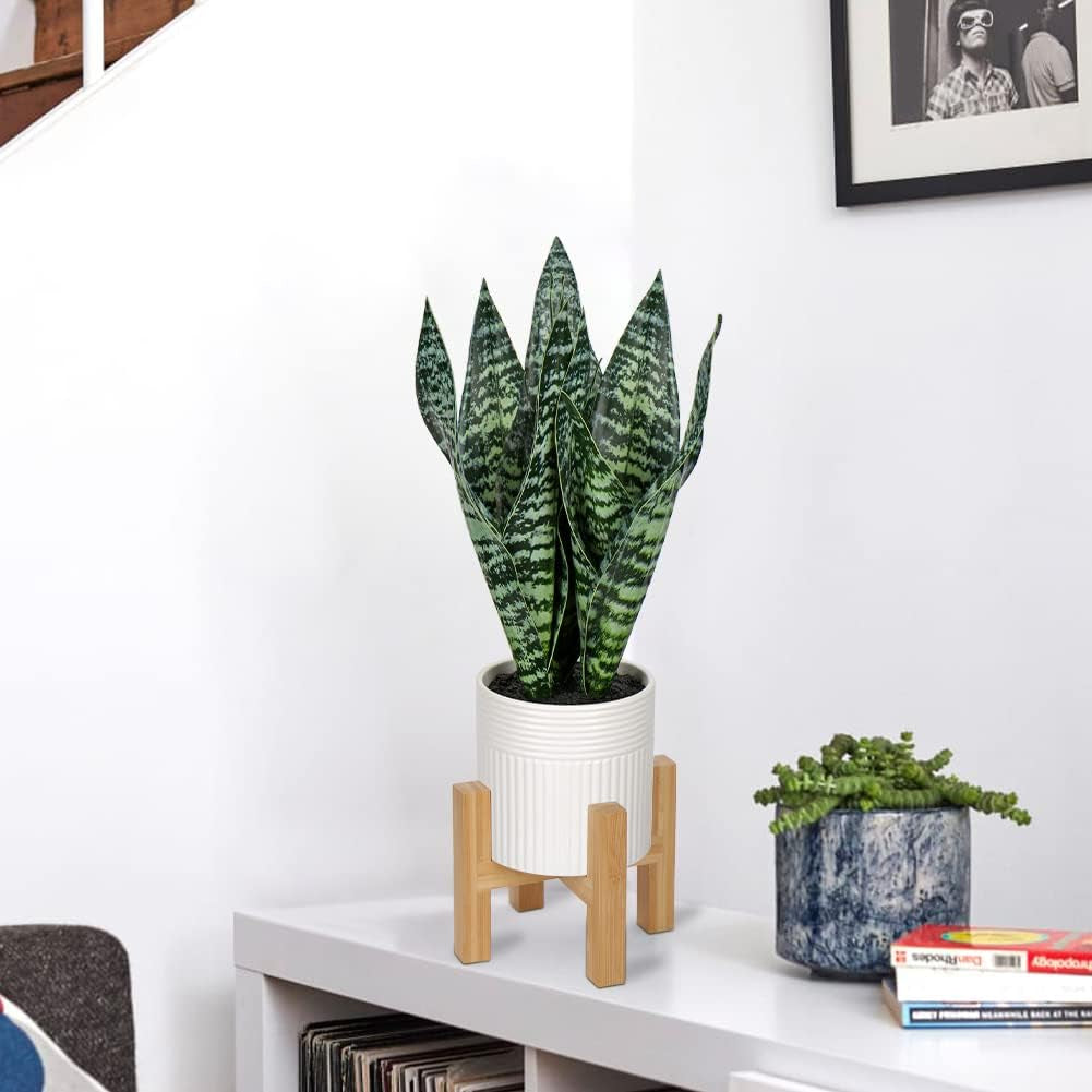 14'' Fake Snake Plant Home Decor Real Touch Faux Sansevieria Plant in White Ceramic Pot with Wooden Stand Artificial Snake Plant with Wide Leaves for Kitchen Living Room Bathroom Decorations