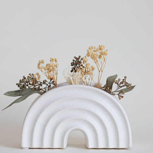 Rainbow Arched Planter White Vase Speckled Ceramic W/Drainage Hole, Textured Ribbed Arch, Organic Modern Aesthetic Small Flower Vases for Centerpieces, Unique Indoor Plant Pot Boho Living Room Décor