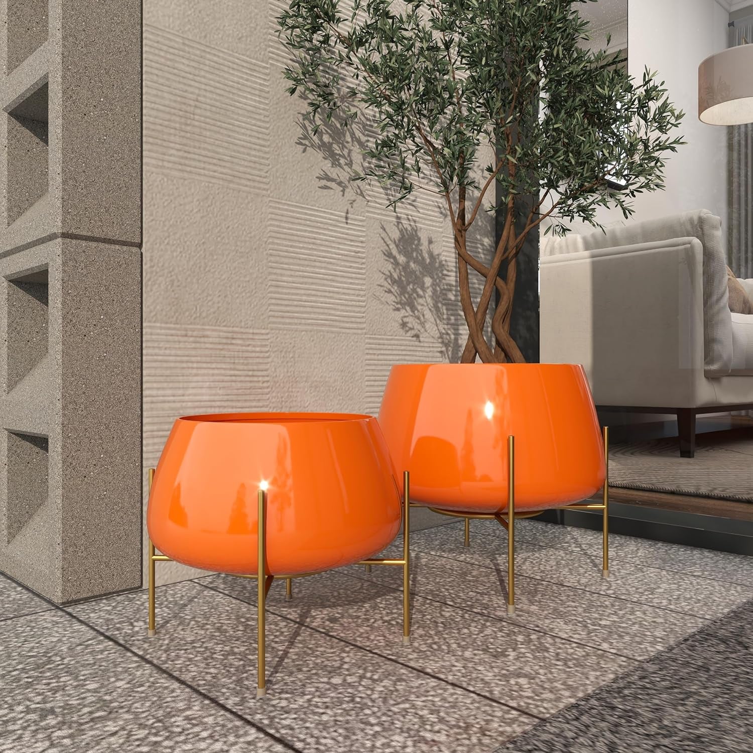 Metal round Planter with Removable Stand, Set of 2 8", 10"H, Orange