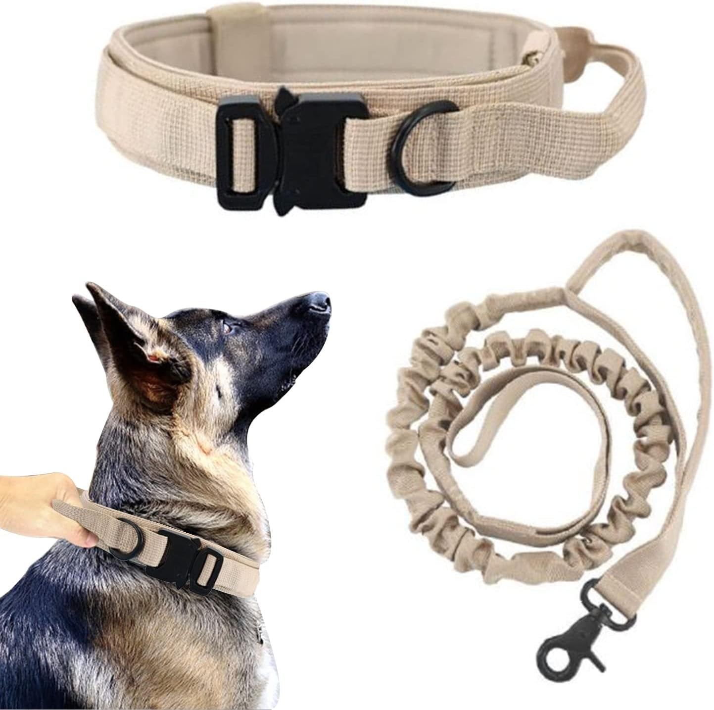 Tactical Dog Collar and Leash Set with Handle Bungee Leash Adjustable Military Training Nylon Collar Dog Training Collar Leash Set with Control Handle and Metal Buckle (M, Khaki-Set)