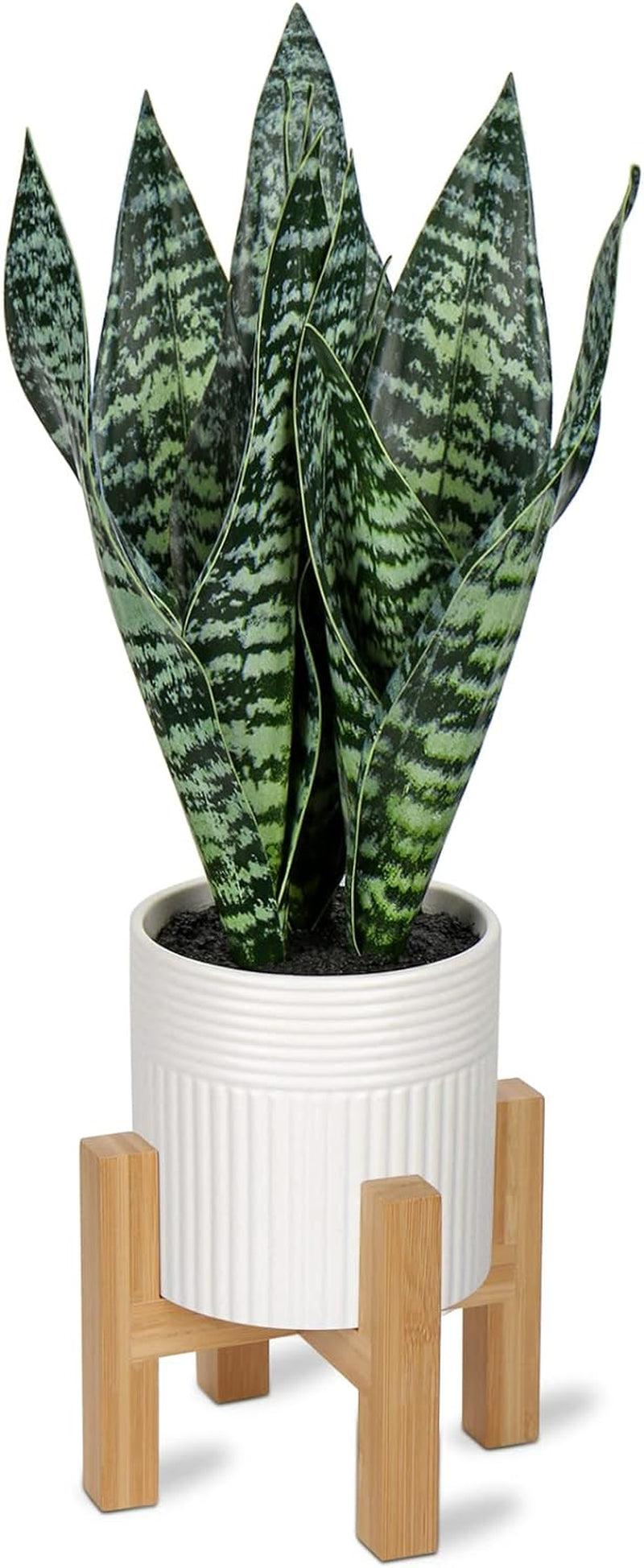 14'' Fake Snake Plant Home Decor Real Touch Faux Sansevieria Plant in White Ceramic Pot with Wooden Stand Artificial Snake Plant with Wide Leaves for Kitchen Living Room Bathroom Decorations