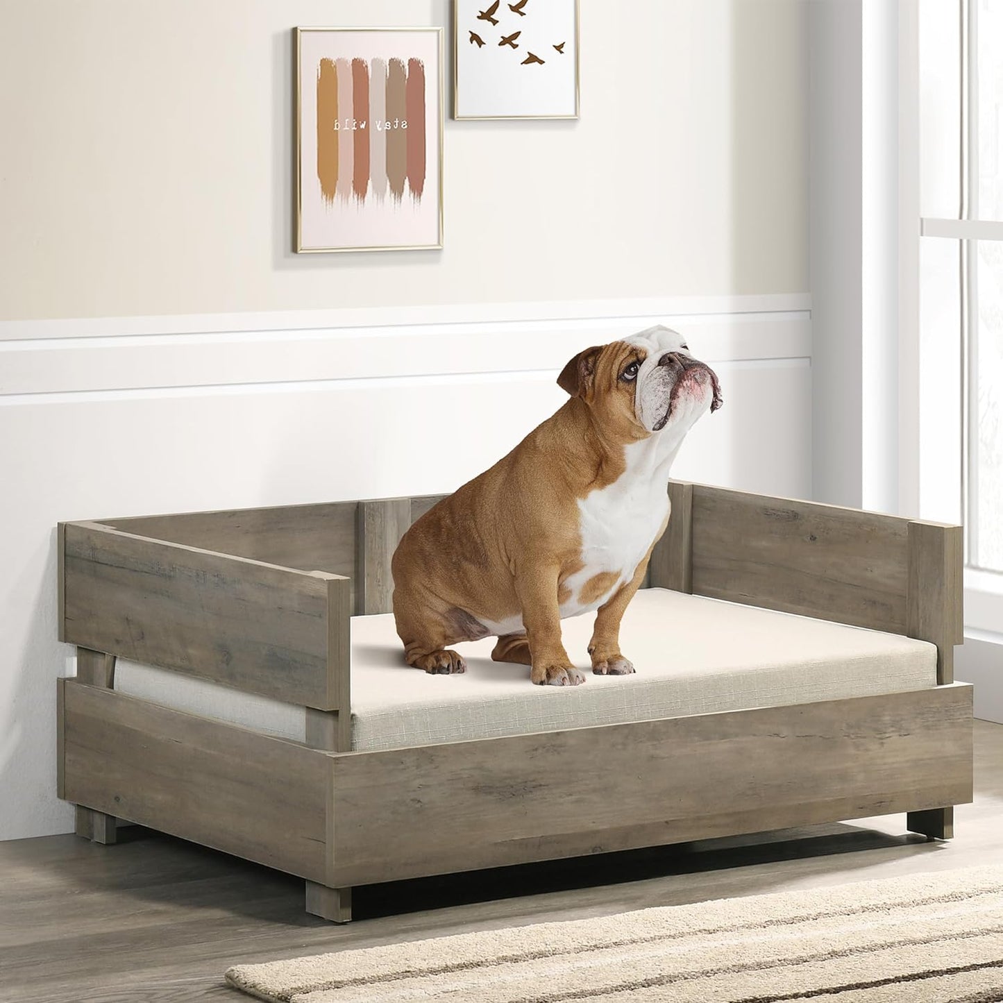 Modern Wood Dog Bed Frame with Cushion