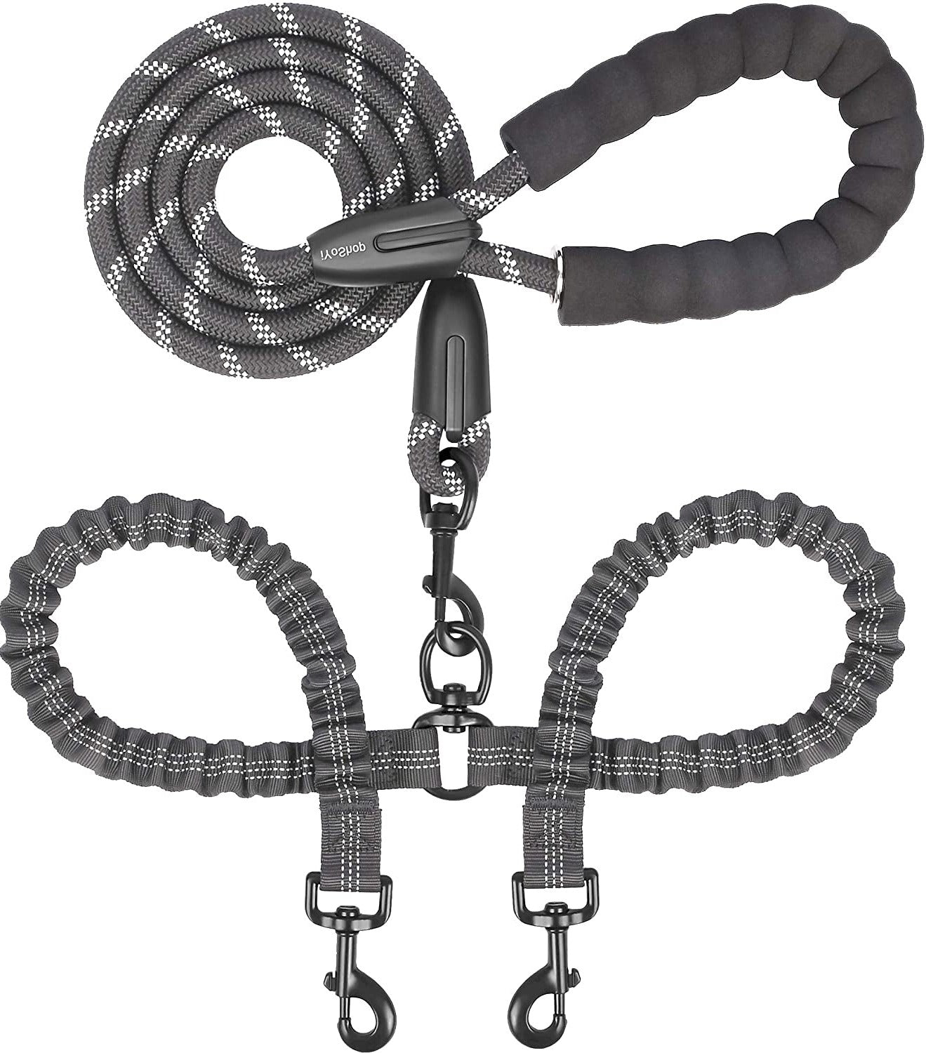 Dual Dog Leash, 360 Swivel No Tangle Walking Leash, Shock Absorbing Bungee for Two Dogs, Black, Medium (8-35 Lbs)