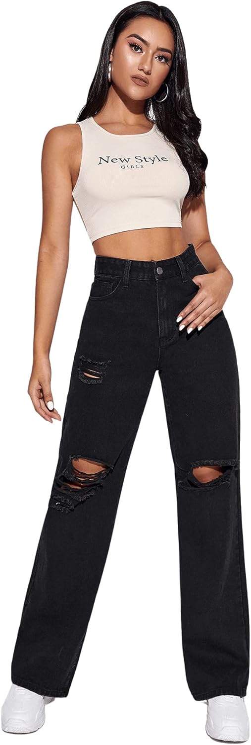 Women's High Waist Slant Pocket Denim Jeans Ripped Straight Leg Pants