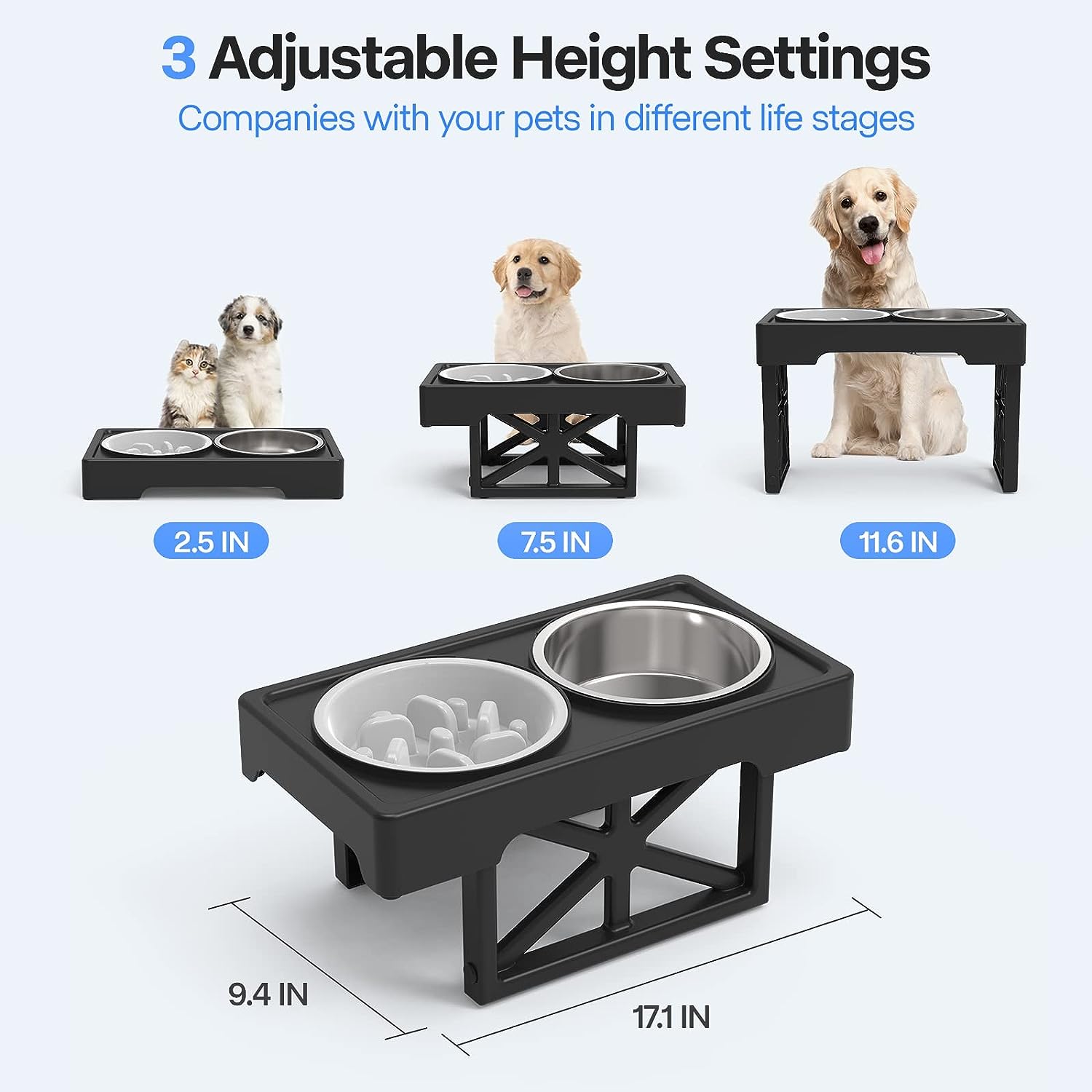 Modern Elevated Dog Bowls - 3 Adjustable Heights