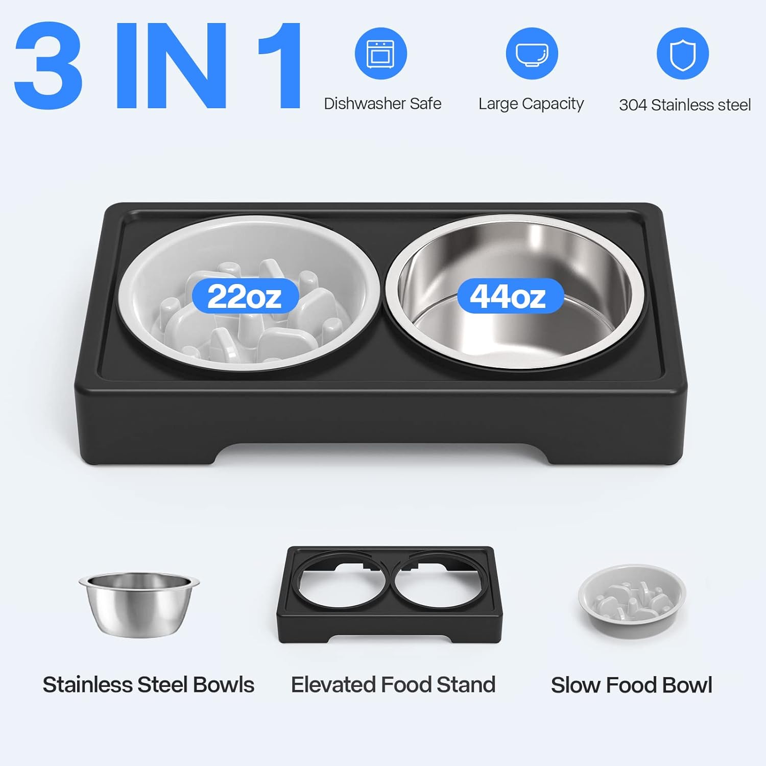 Modern Elevated Dog Bowls - 3 Adjustable Heights