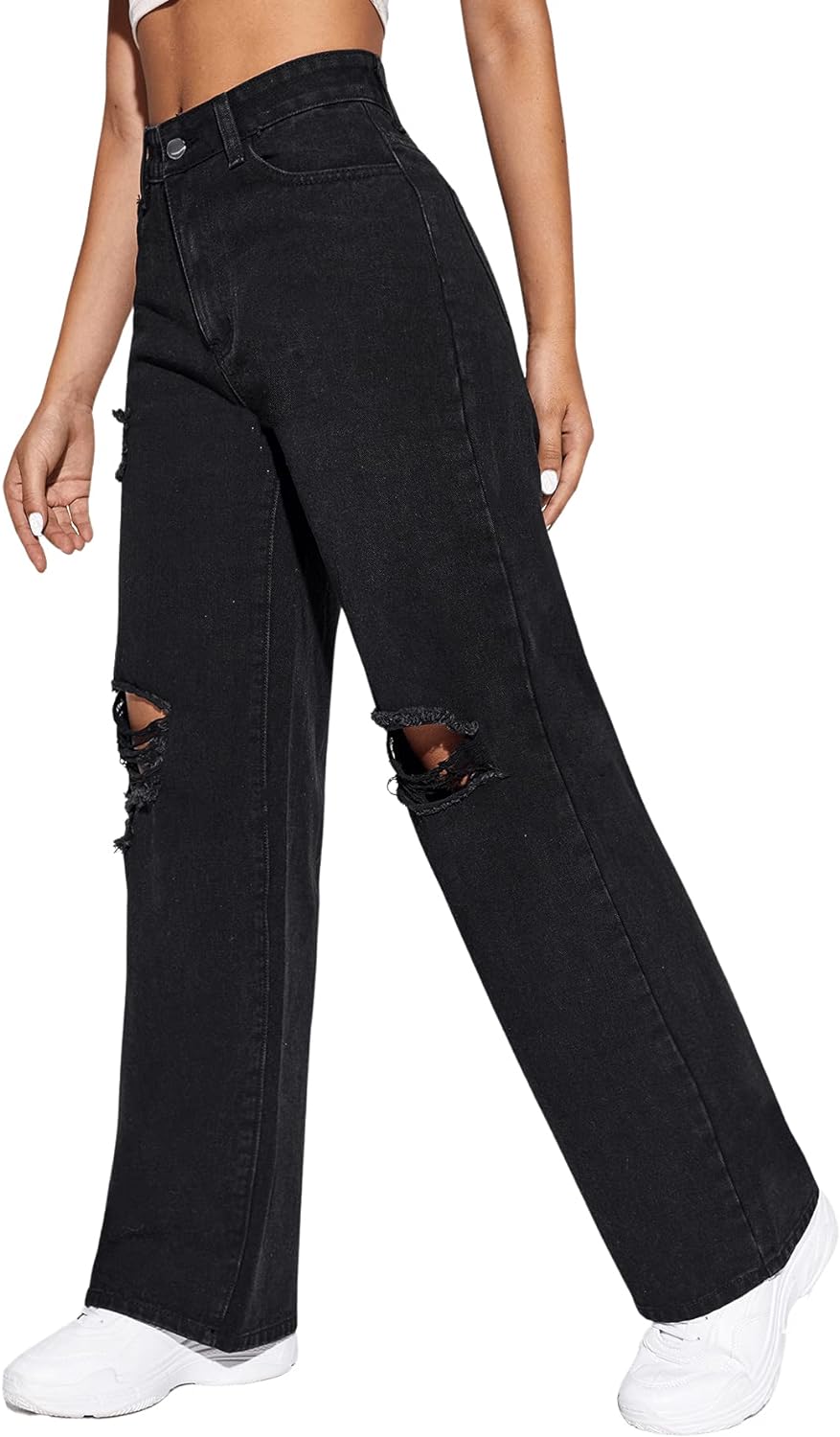 Women's High Waist Slant Pocket Denim Jeans Ripped Straight Leg Pants