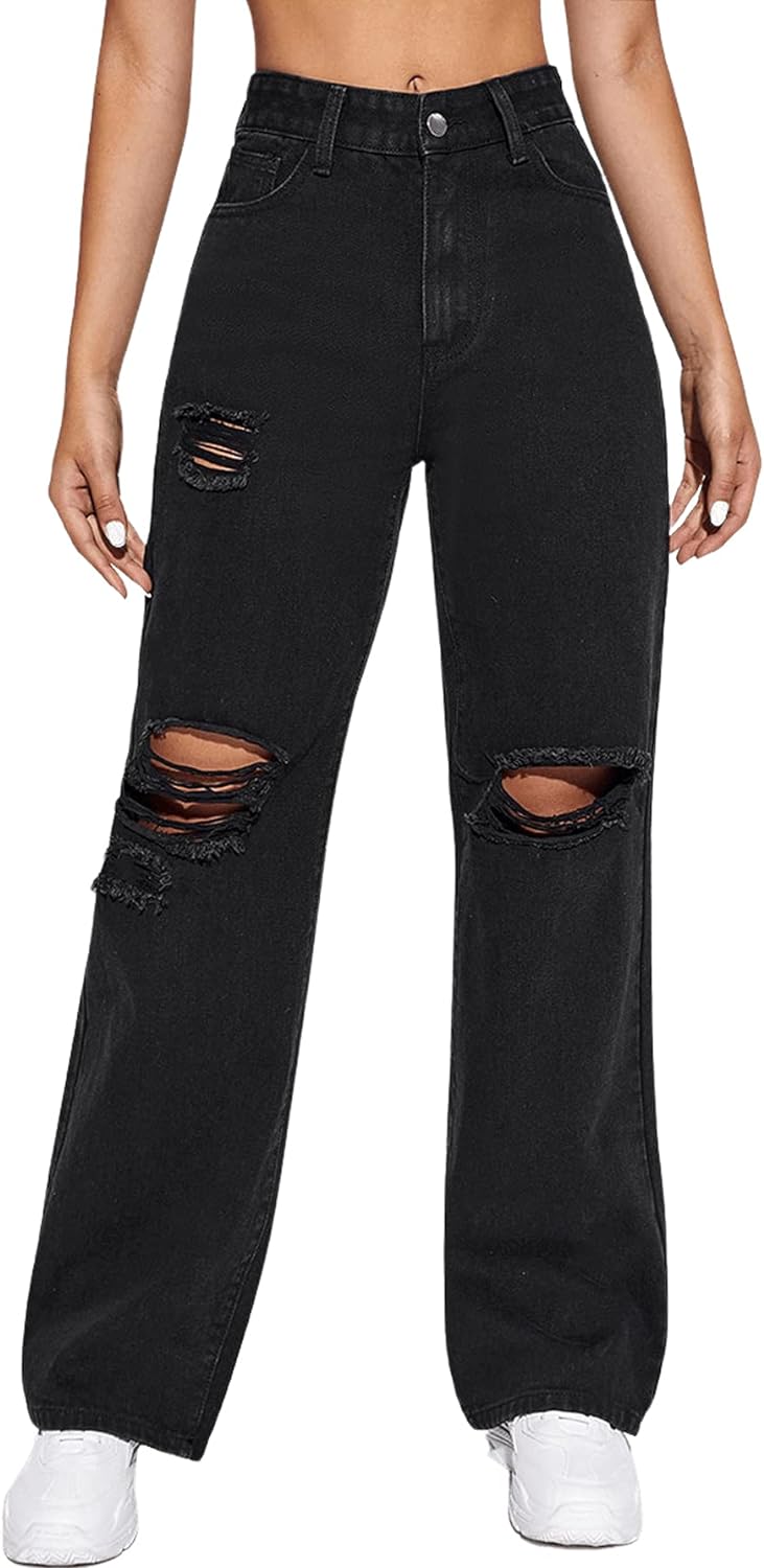 Women's High Waist Slant Pocket Denim Jeans Ripped Straight Leg Pants