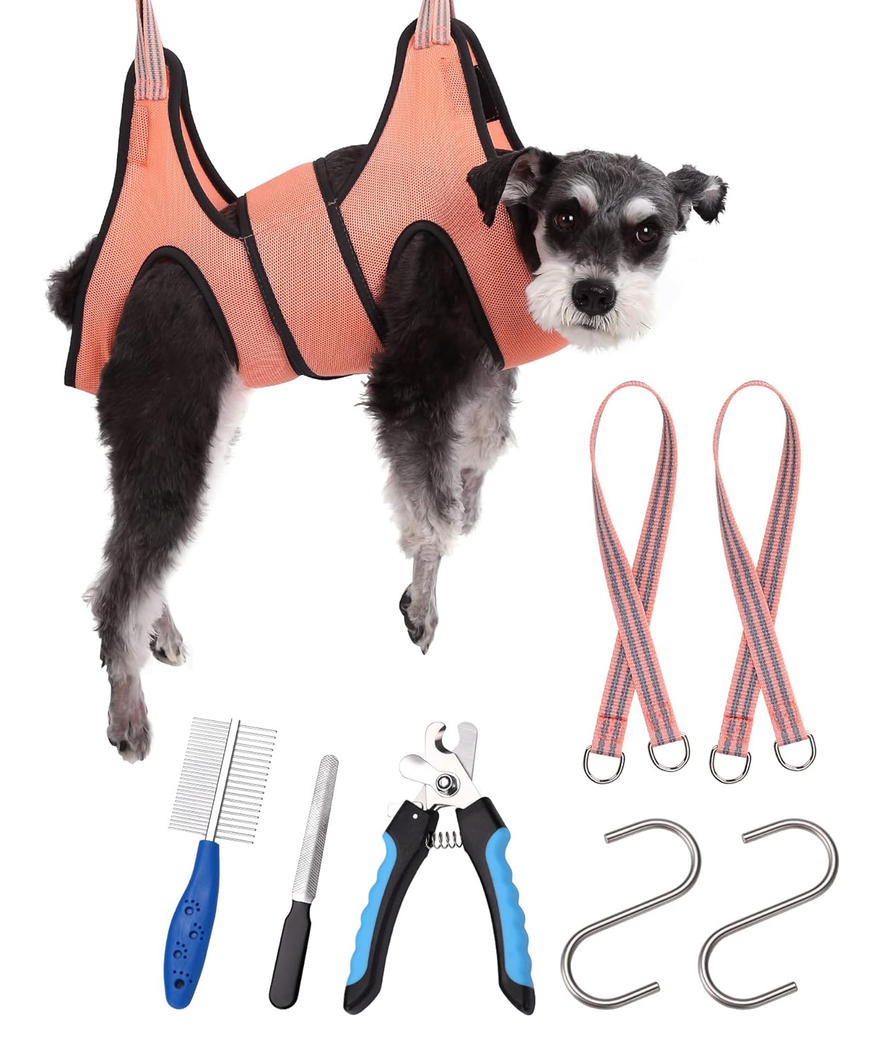 10 in 1 Pet Grooming Hammock Harness with Nail Clippers/Trimmer, Nail File, Comb,Dog Nail Hammock, Dog Grooming Sling for Nail Trimming/Clipping (Xxs/Under 10Lb, Pink Orange)