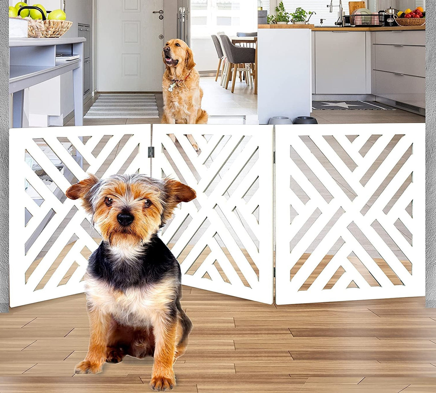 Freestanding Dog Gate Expandable Decorative Wooden Fence for Small to Medium Pet Dogs, Barrier for Stairs, Doorways, & Hallways (Lattice - White)