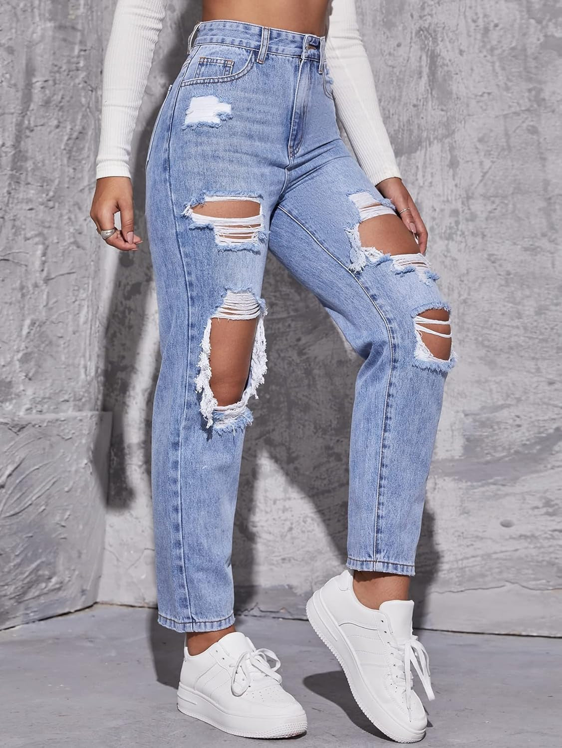 Women'S High Waist Straight Leg Ripped Jeans Distressed Denim Pants