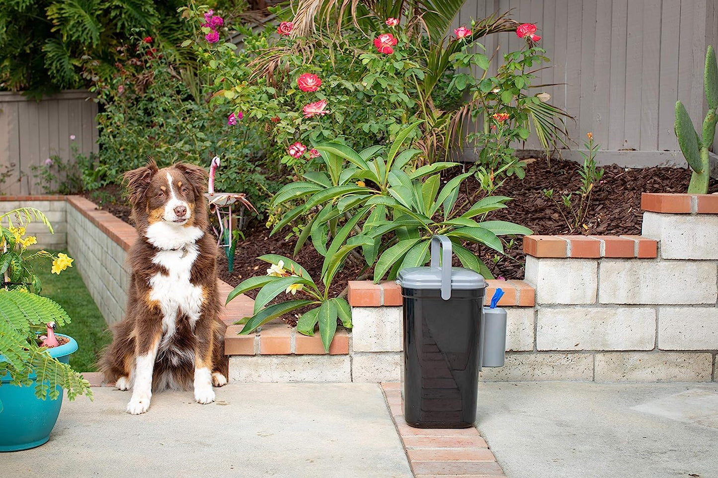 Portable Dog Waste Disposal System with Locking Handle, Poop Bag Holder, Deodorizer & 5 Waste Bags Included