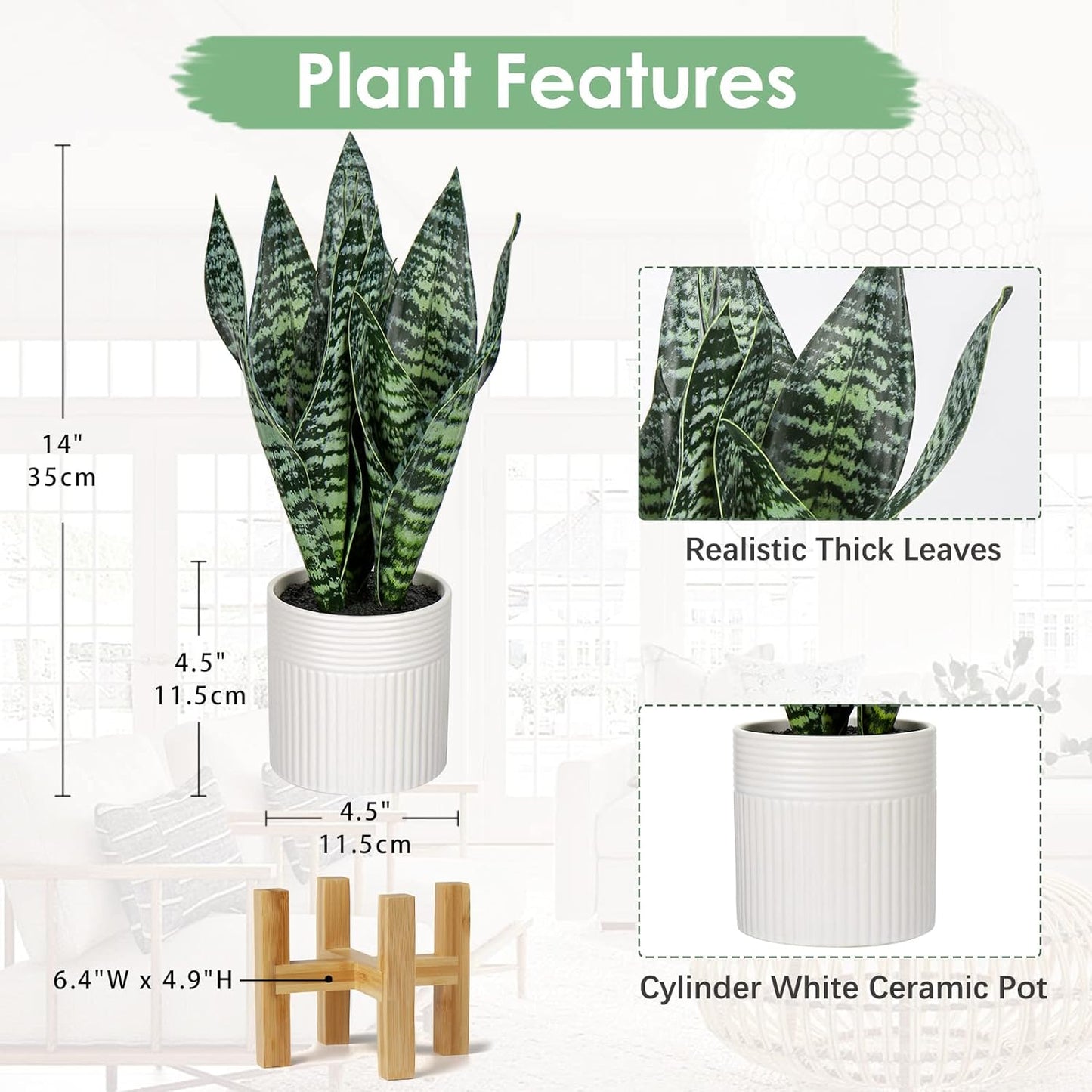 14'' Fake Snake Plant Home Decor Real Touch Faux Sansevieria Plant in White Ceramic Pot with Wooden Stand Artificial Snake Plant with Wide Leaves for Kitchen Living Room Bathroom Decorations