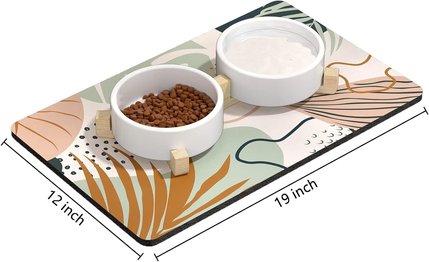 Dog Food Mat, 12"X19" Boho Dog Mat for Food and Water, Absorbent Dog Cat Bowl Mat Protect Floors, Cute Pet Food Mats for Dog Cat, Anti-Slip Rubber Pet Feeding Mat, Tropical Leaves Pet Placemat