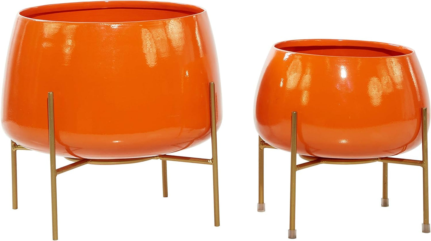 Metal round Planter with Removable Stand, Set of 2 8", 10"H, Orange