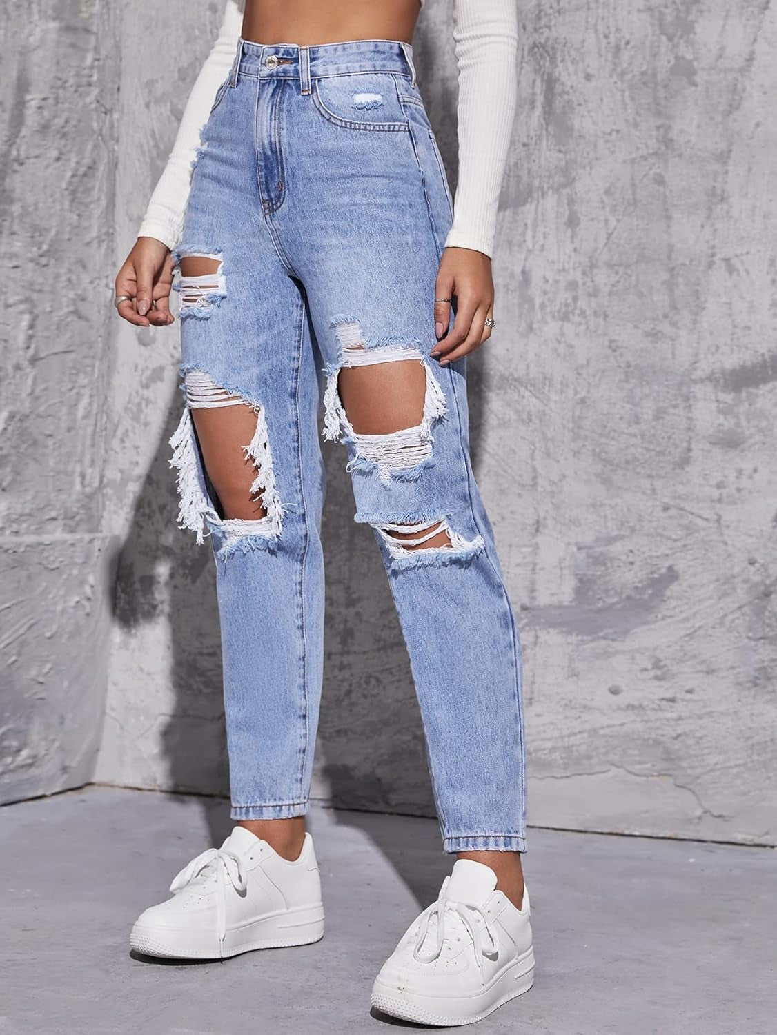 Women'S High Waist Straight Leg Ripped Jeans Distressed Denim Pants