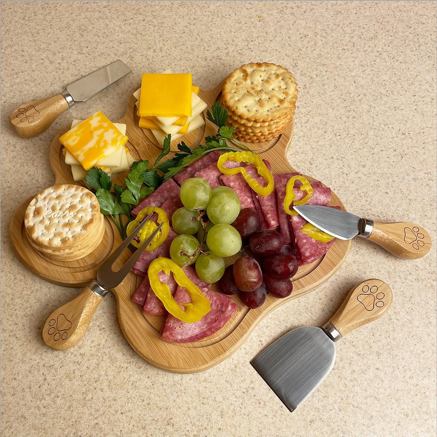 Paw Shaped Natural Bamboo Charcuterie Board 