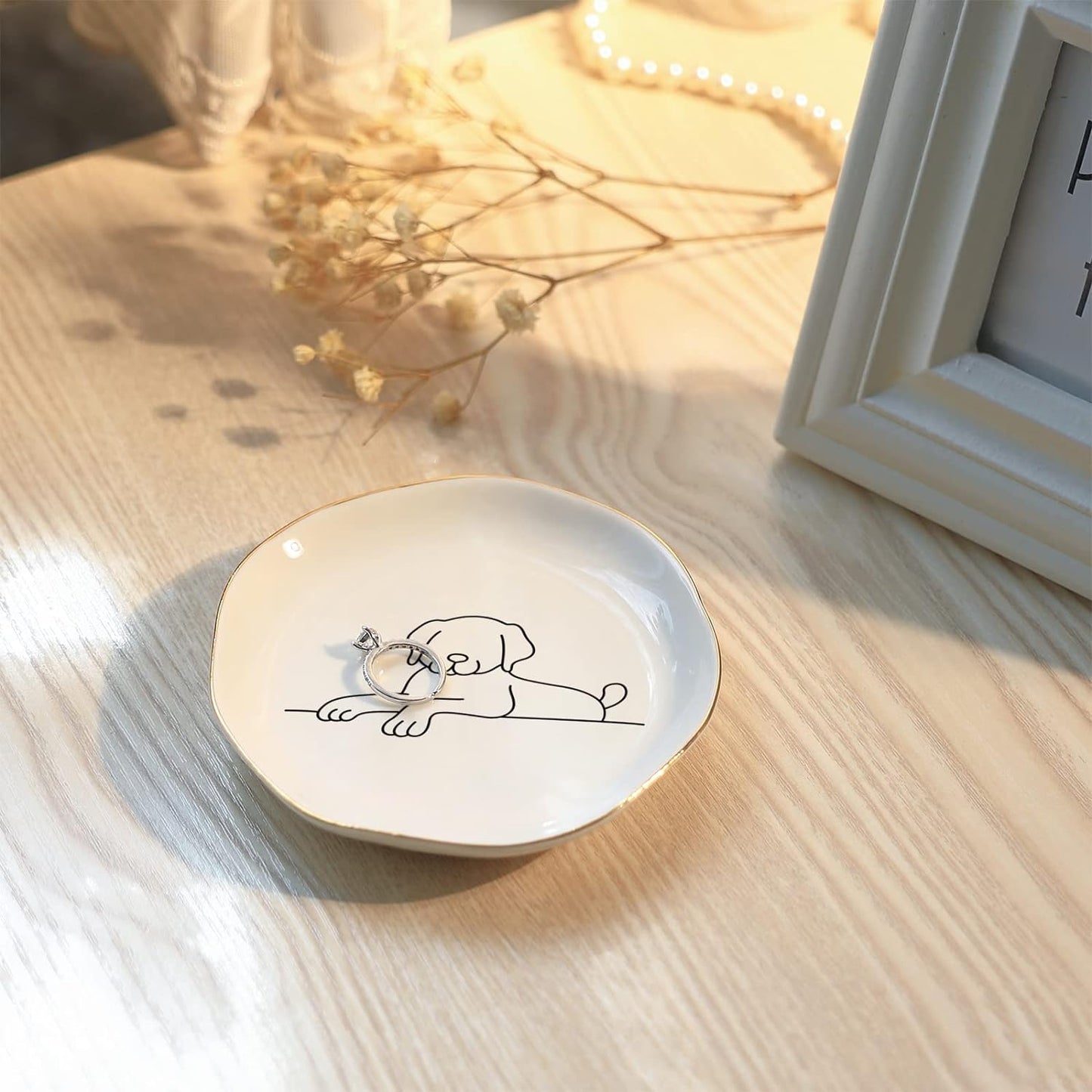 Lying Dog Ring Dish Jewelry Tray,Christmas Gifts for Dog Lovers,Gifts for Dog Mom,Ceramic White,4"