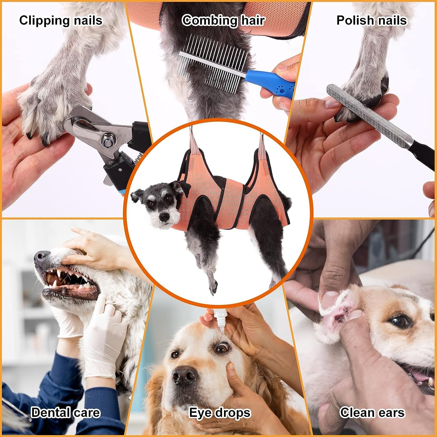 10 in 1 Pet Grooming Hammock Harness with Nail Clippers/Trimmer, Nail File, Comb,Dog Nail Hammock, Dog Grooming Sling for Nail Trimming/Clipping (Xxs/Under 10Lb, Pink Orange)