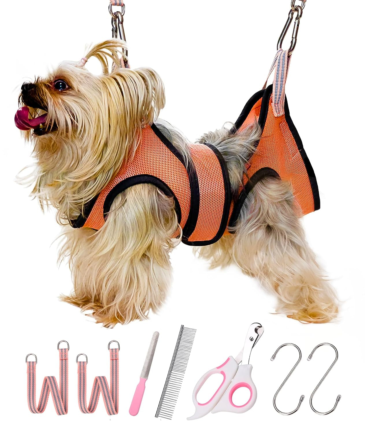 10 in 1 Pet Grooming Hammock Harness with Nail Clippers/Trimmer, Nail File, Comb,Dog Nail Hammock, Dog Grooming Sling for Nail Trimming/Clipping (Xxs/Under 10Lb, Pink Orange)