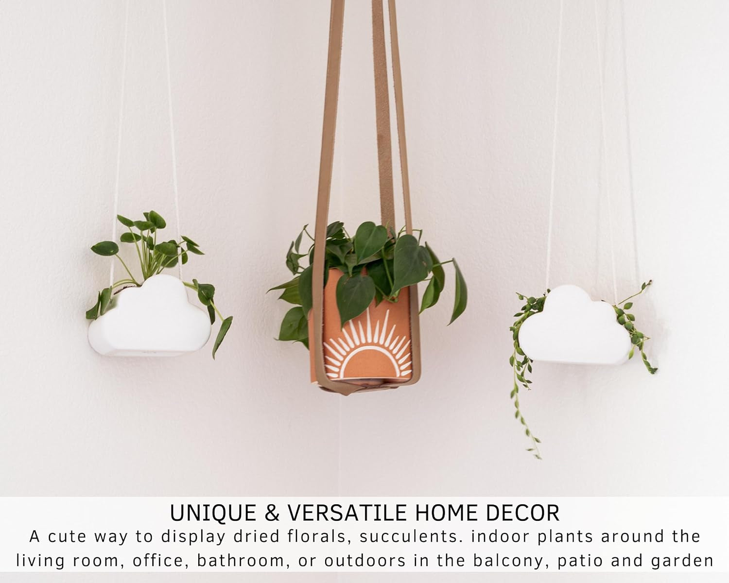 Cloud Decor Planter Hanging Plant Pot, White Ceramic Hanging Pot Adjustable Macrame Rope W/ Drainage Hole, Unique Dreamy Flower Pots for Outdoor, Organic Modern Cute Aesthetic Small Window Planter