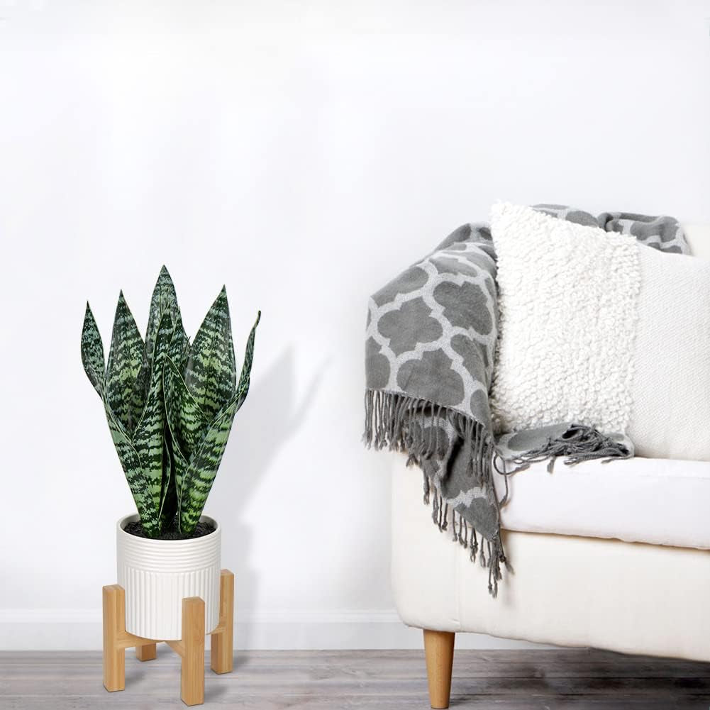 14'' Fake Snake Plant Home Decor Real Touch Faux Sansevieria Plant in White Ceramic Pot with Wooden Stand Artificial Snake Plant with Wide Leaves for Kitchen Living Room Bathroom Decorations