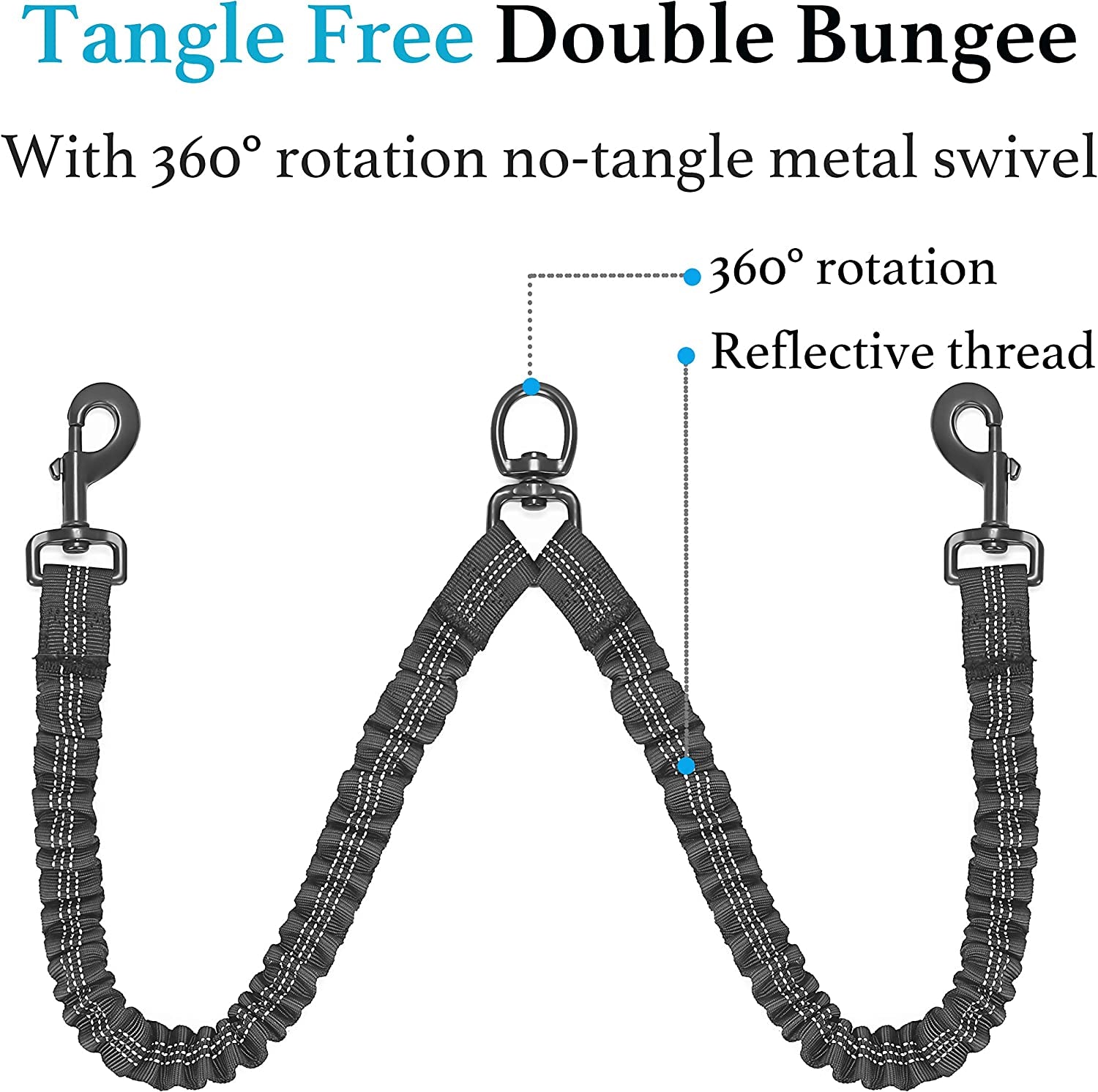 Dual Dog Leash, 360 Swivel No Tangle Walking Leash, Shock Absorbing Bungee for Two Dogs, Black, Medium (8-35 Lbs)